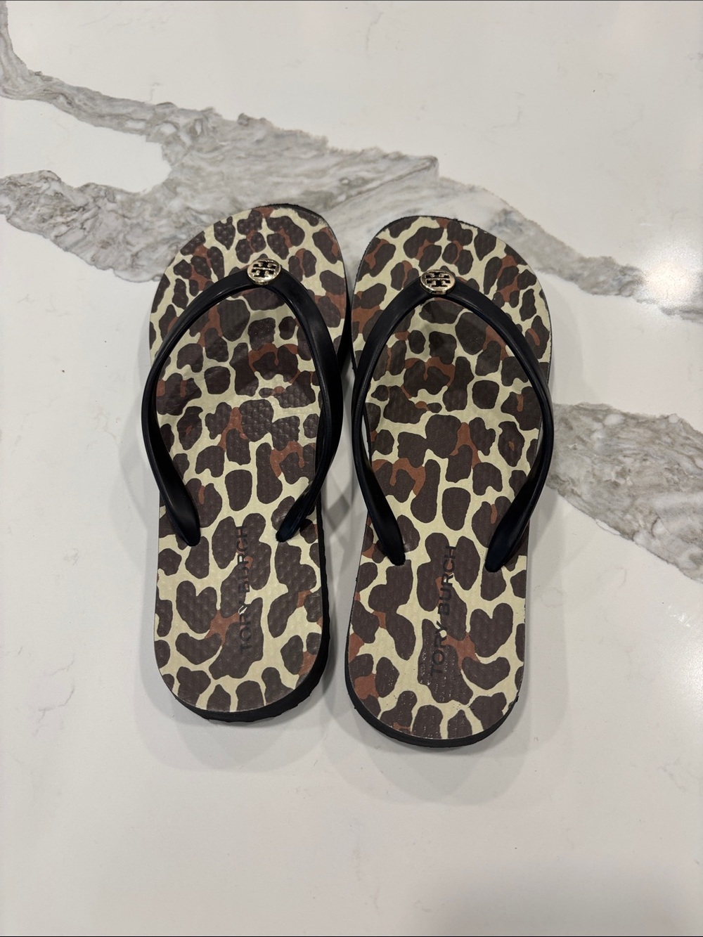Tory Burch Leopard Print Flip Flop Sandals with Black Straps